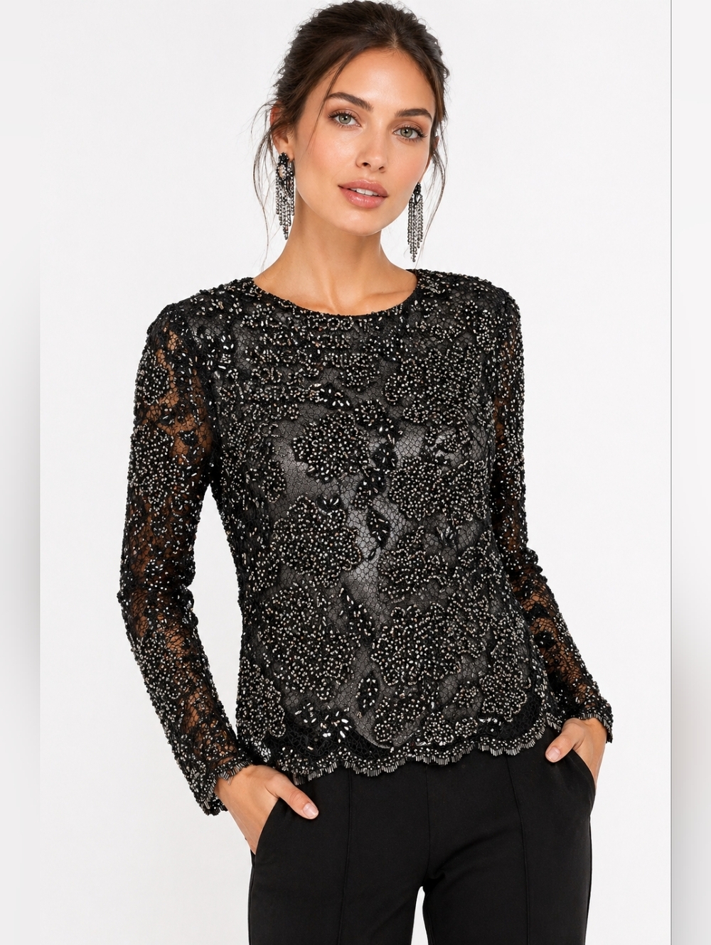 NWT $595 Alice + Olivia Beaded Lace Overlay Blouse Black Gunmetal Top Size 4
